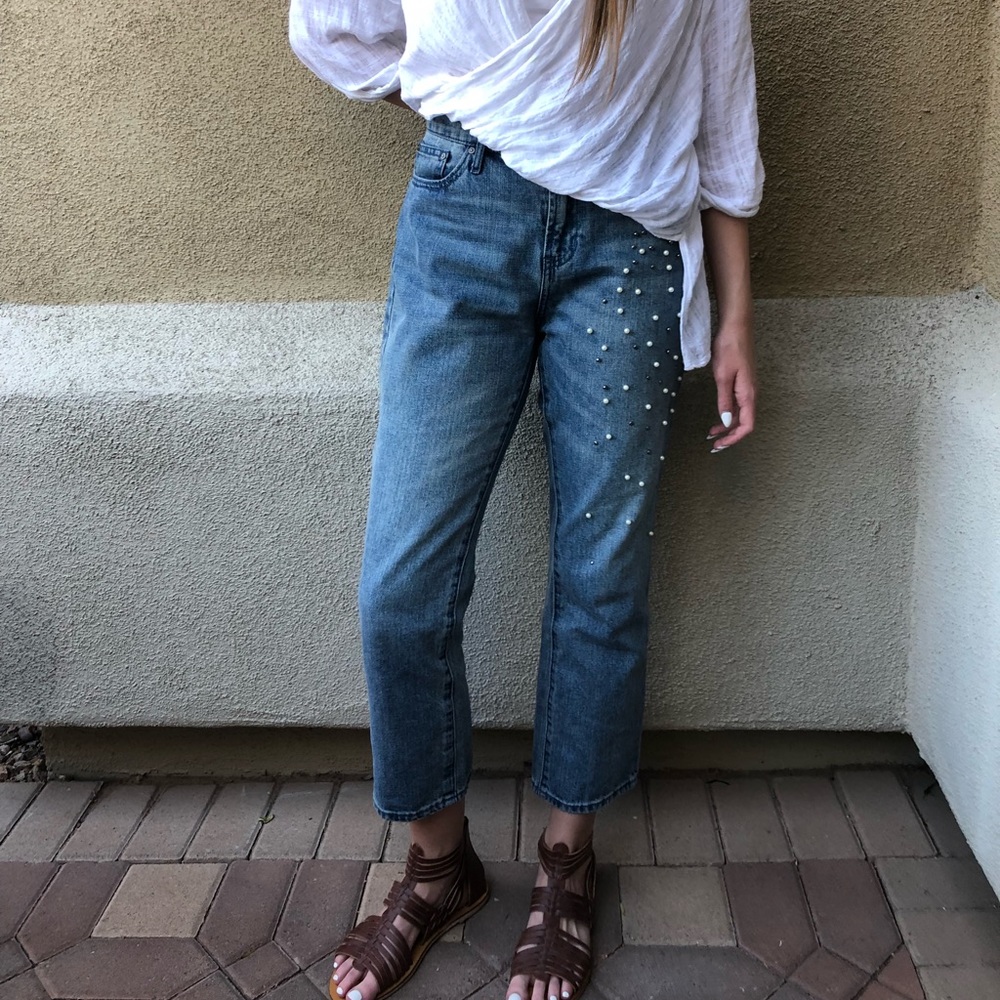 Straight leg pearl embellished jeans